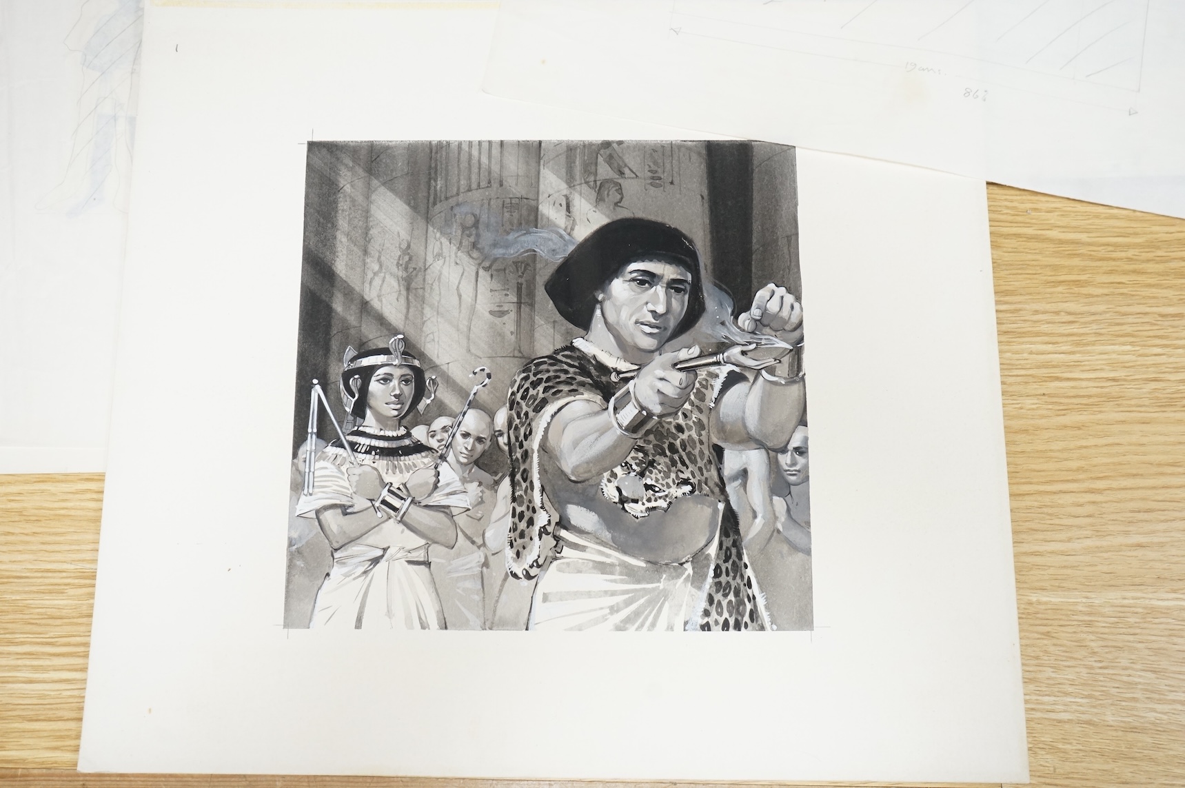 Angus McBride (1931-2007), five illustrations from 'One day in Tutankhamun's Egypt' to include Processions, Pyramid building and Studies of Pharoahs, watercolour and gouaches, largest 38 x 80cm, unframed, together with t